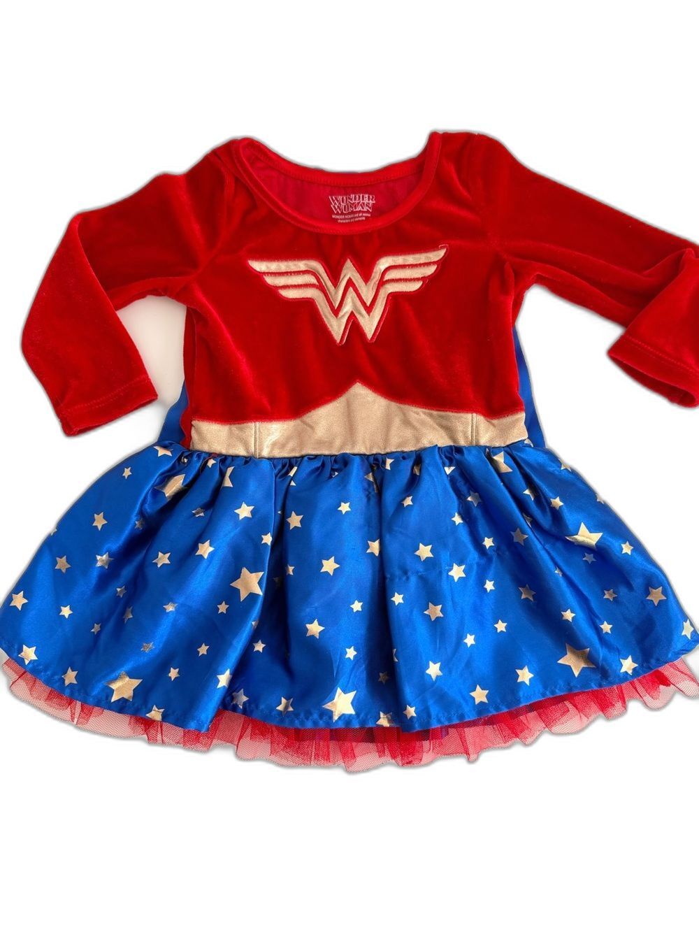 DC Comics Wonder Woman Baby 12-18M Velvet Dress Cape Costume Gold Stars